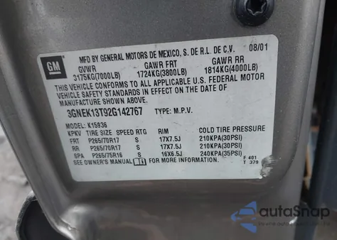 2002 Chevrolet Avalanche 1500 z USA, uszkodzony, nr VIN 3GNEK13T92G142767